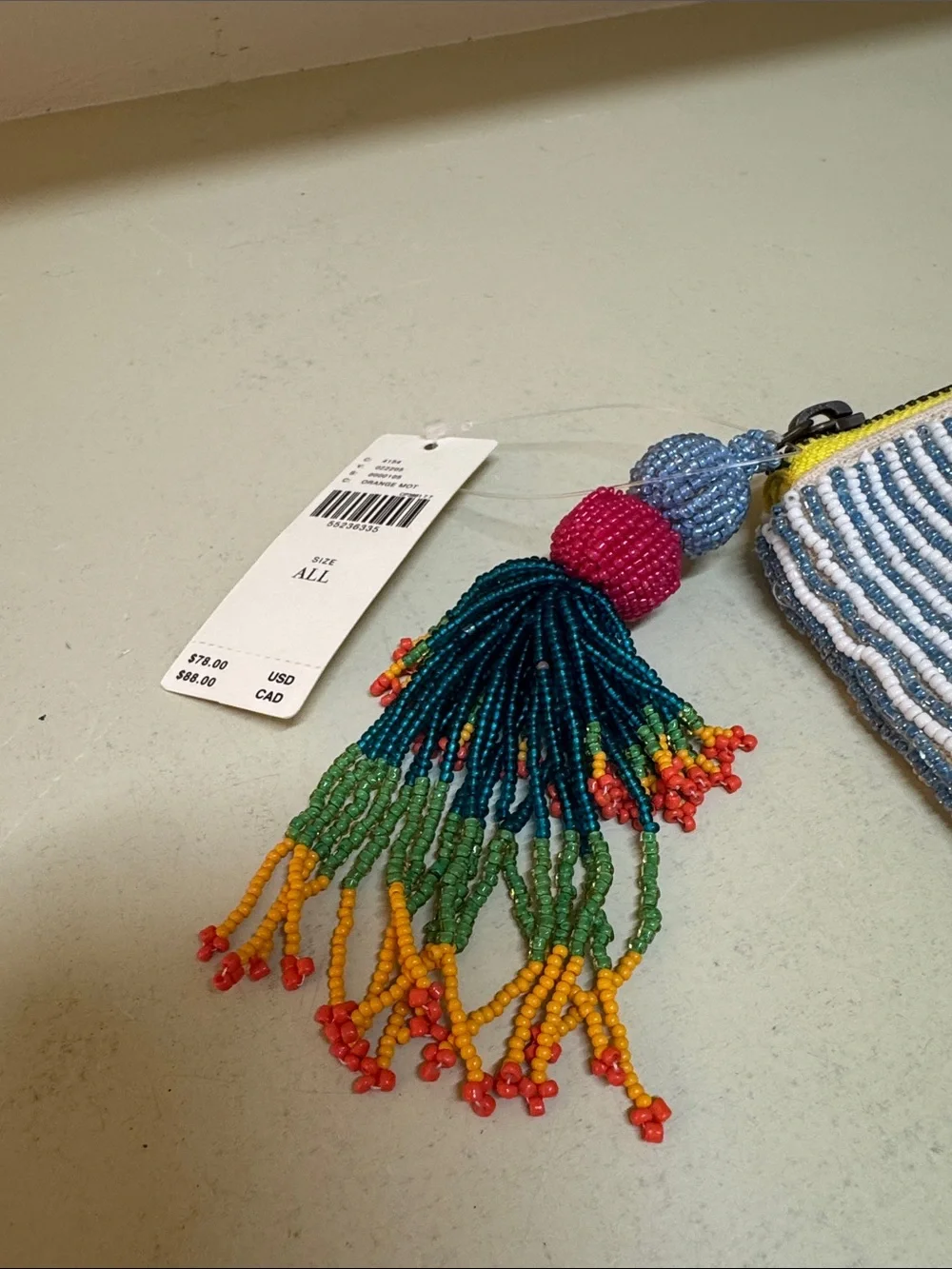 Anthropologie Blue Stripe Beaded Toucan Zip clutch, NWT